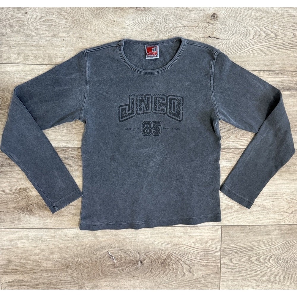 Y2K JNCO Women's Med Baby Tee Long Sleeve Gray Logo Top Skater 90s